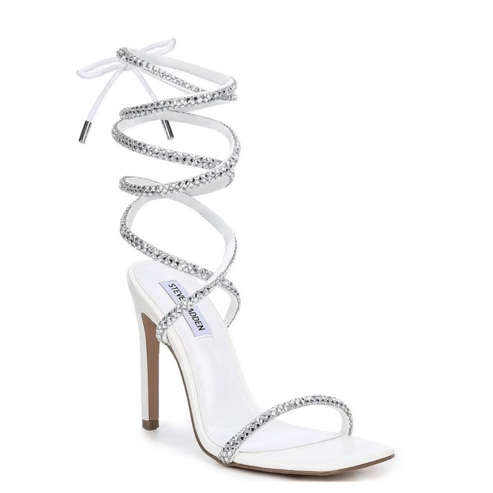 Steve Madden Uplift White Ankle Wrap Rhinestone Heeled Sandal Size 8.5